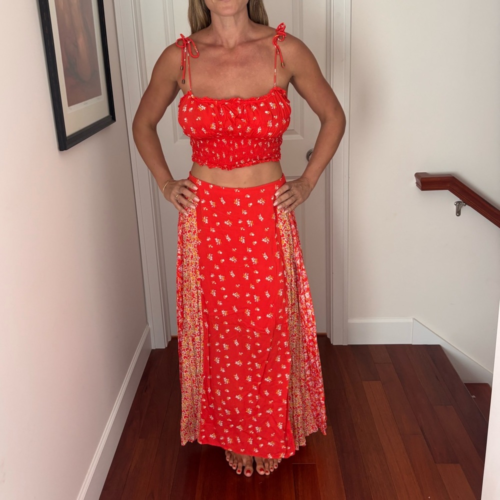 Free People Red Floral Maxi Skirt